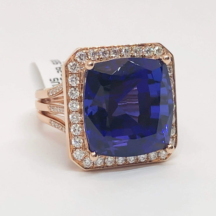 Mark Areias Jewelers Jewellery & Watches Natural Tanzanite Cushion Cut in 18K Rose Gold Diamond Custom Ring Mounting