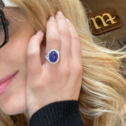 Mark Areias Jewelers Jewellery & Watches Natural Tanzanite Oval Cabochon & Diamond Halo Bypass Ring 14KW 9.26 Carat