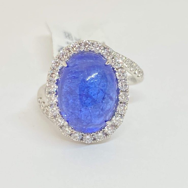 Mark Areias Jewelers Jewellery & Watches Natural Tanzanite Oval Cabochon & Diamond Halo Bypass Ring 14KW 9.26 Carat