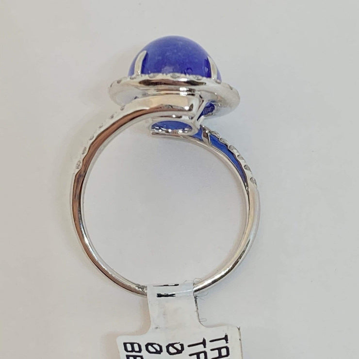 Mark Areias Jewelers Jewellery & Watches Natural Tanzanite Oval Cabochon & Diamond Halo Bypass Ring 14KW 9.26 Carat