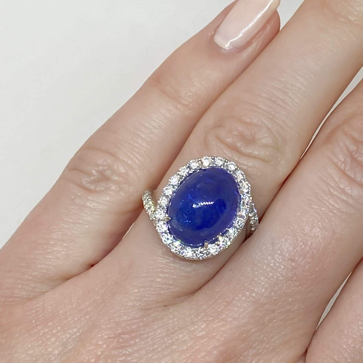 Mark Areias Jewelers Jewellery & Watches Natural Tanzanite Oval Cabochon & Diamond Halo Bypass Ring 14KW 9.26 Carat