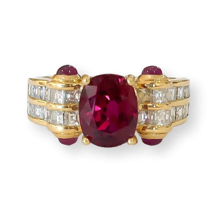 Mark Areias Jewelers Jewellery & Watches Natural Thai Ruby Oval & Cabochon Square Diamond Handmade Ring 18K 2.64 Carat