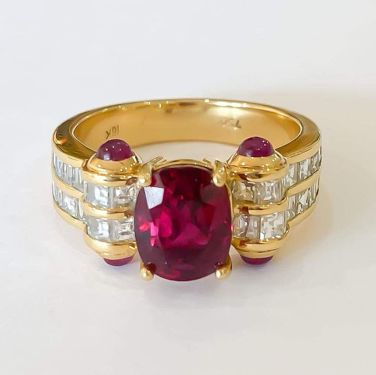 Mark Areias Jewelers Jewellery & Watches Natural Thai Ruby Oval & Cabochon Square Diamond Handmade Ring 18K 2.64 Carat