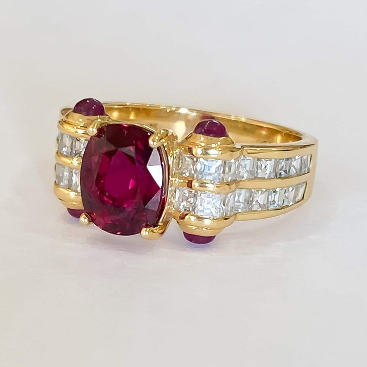 Mark Areias Jewelers Jewellery & Watches Natural Thai Ruby Oval & Cabochon Square Diamond Handmade Ring 18K 2.64 Carat