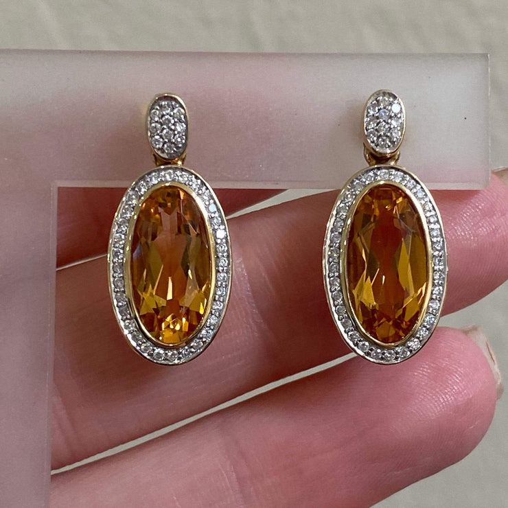 Oval Citrine and Diamond Post Dangle Earrings 14KY 10CTW .46DTW