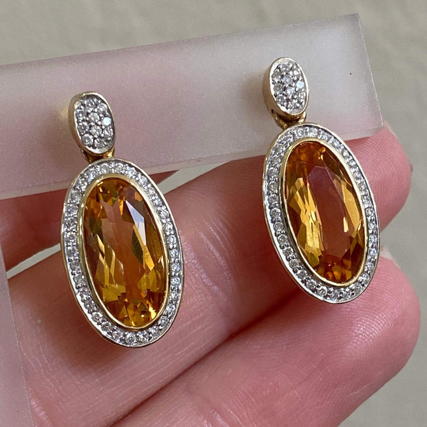 Mark Areias Jewelers Jewellery & Watches Oval Citrine and Diamond Post Dangle Earrings 14KY 10CTW .46DTW