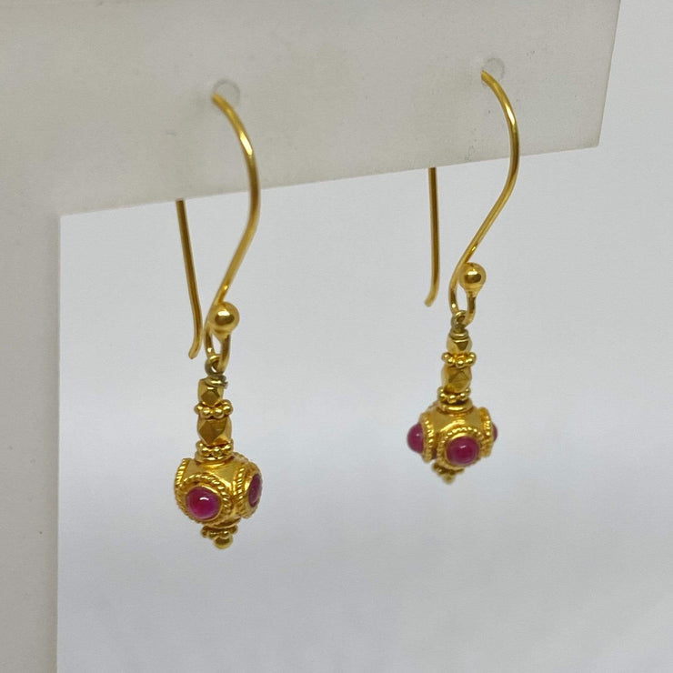 Mark Areias Jewelers Jewellery & Watches Petite Ruby Cabochon Bali Style Dangle Earrings Shepards Hook 18KY