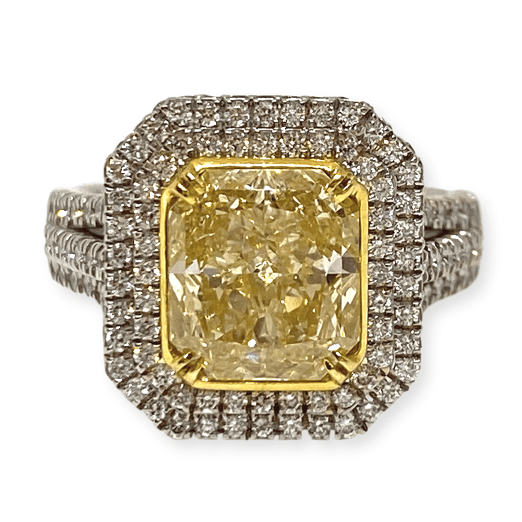 Mark Areias Jewelers Jewellery & Watches Radiant Fancy Intense Yellow Diamond Engagement Halo Ring 18 Karat 2.60 CT