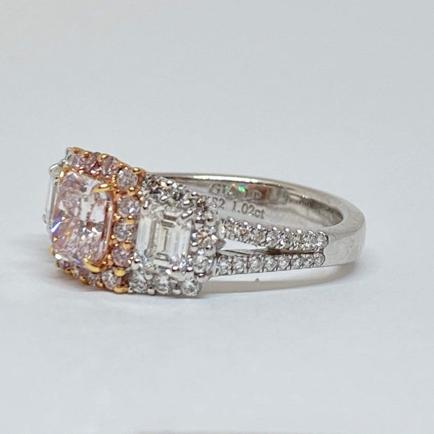 Mark Areias Jewelers Jewellery & Watches Radiant Fancy Pink Diamond Engagement Three Stone Ring 18 Karat 1.02 CT