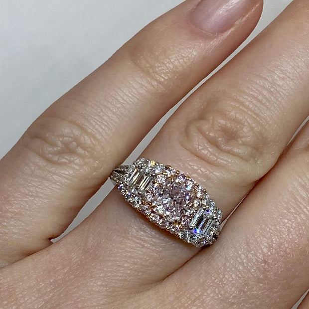 Mark Areias Jewelers Jewellery & Watches Radiant Fancy Pink Diamond Engagement Three Stone Ring 18 Karat 1.02 CT