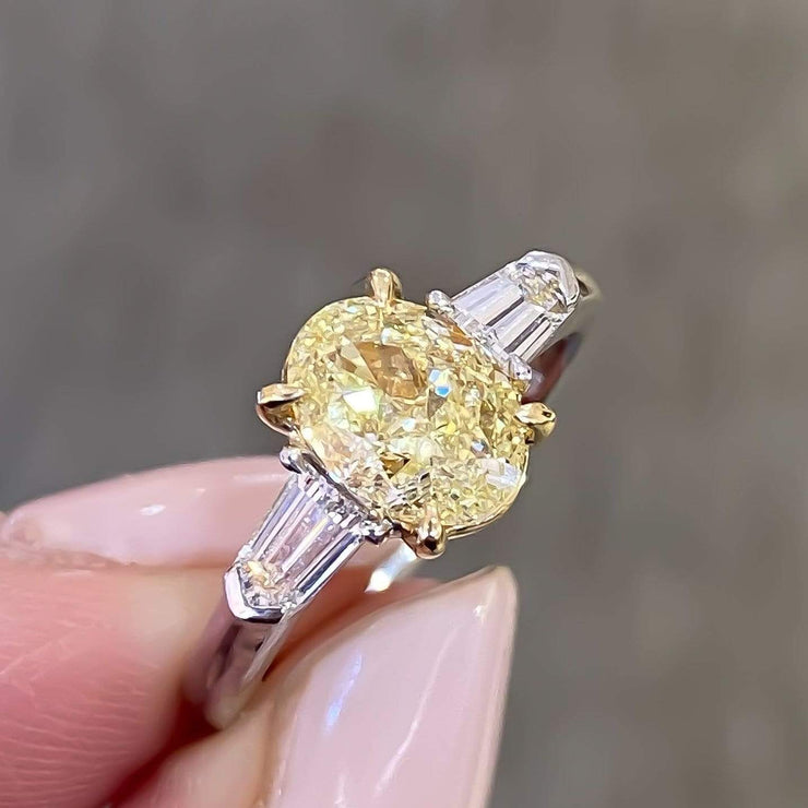 Mark Areias Jewelers Jewellery & Watches Rare Find! Oval Fancy Yellow & Bullet Diamond Three Stone Ring 18K GIA 1.61 SI1
