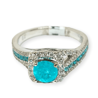 Mark Areias Jewelers Jewellery & Watches Rare Round Paraiba Tourmaline & Diamond Halo Ring 14K White Gold .61 Carat AGL