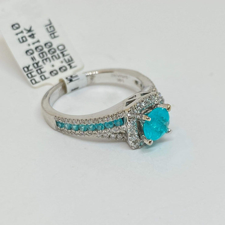 Mark Areias Jewelers Jewellery & Watches Rare Round Paraiba Tourmaline & Diamond Halo Ring 14K White Gold .61 Carat AGL
