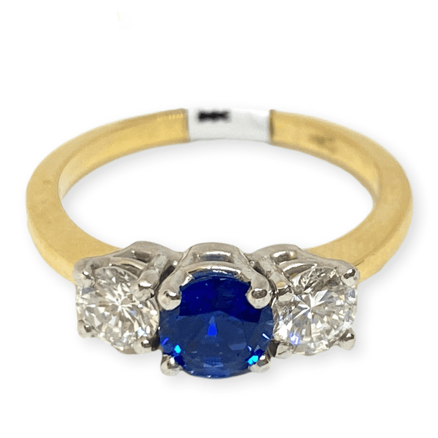 Mark Areias Jewelers Jewellery & Watches Round Ceylon Blue Sapphire & Diamond Three Stone Ring 14KY .80CT