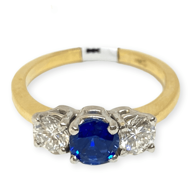 Mark Areias Jewelers Jewellery & Watches Round Ceylon Blue Sapphire & Diamond Three Stone Ring 14KY .80CT
