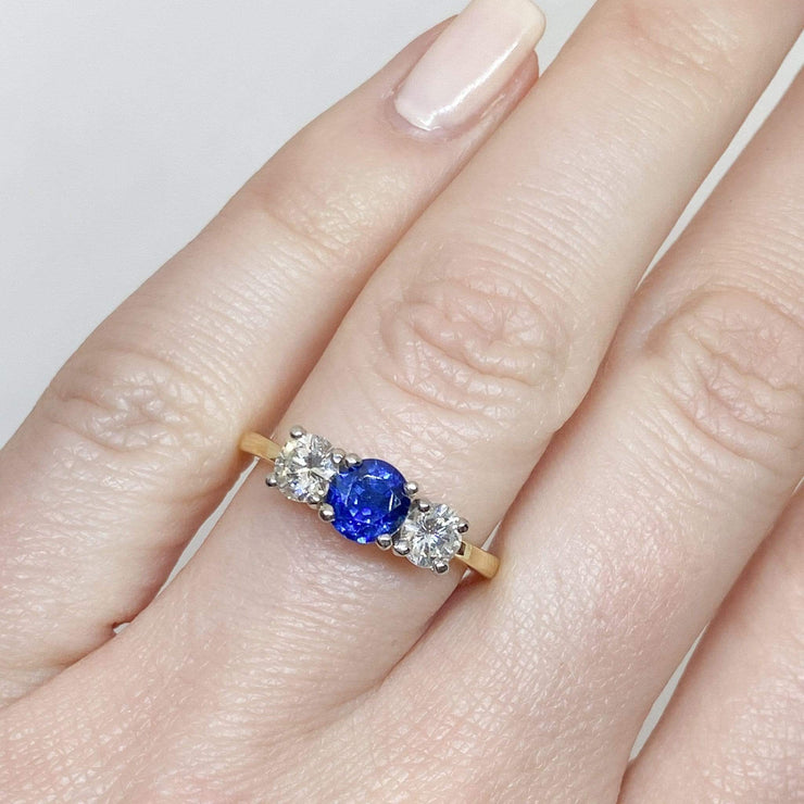 Mark Areias Jewelers Jewellery & Watches Round Ceylon Blue Sapphire & Diamond Three Stone Ring 14KY .80CT