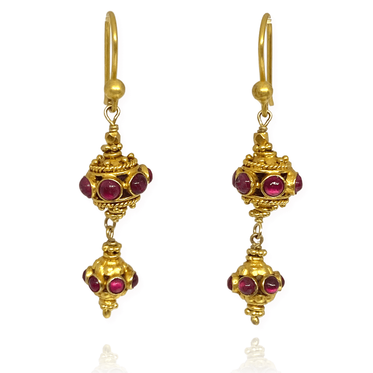 Mark Areias Jewelers Jewellery & Watches Ruby Cabochon Bali Style Dangle Earrings Shepards Hook 18K Yellow Gold