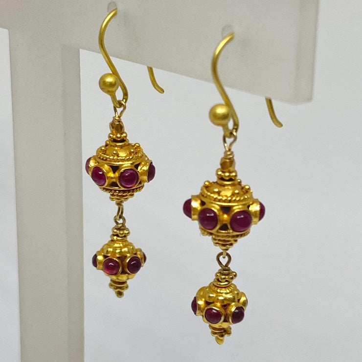 Mark Areias Jewelers Jewellery & Watches Ruby Cabochon Bali Style Dangle Earrings Shepards Hook 18K Yellow Gold