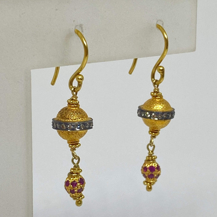 Mark Areias Jewelers Jewellery & Watches Ruby & Diamond Bali Style Dangle Earrings Shepards Hook 18K Yellow Gold