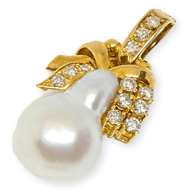 Mark Areias Jewelers Jewellery & Watches Silver Baroque Pearl & Diamond Bell Ribbon Pendant Enhancer 18K Yellow Gold