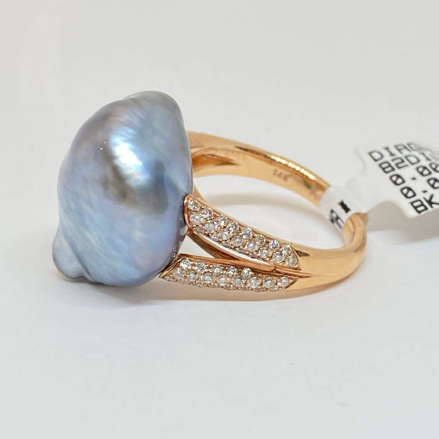 Mark Areias Jewelers Jewellery & Watches Silver Grey Baroque Keshi Tahitian Pearl 14K Rose Gold Ring .47ctw