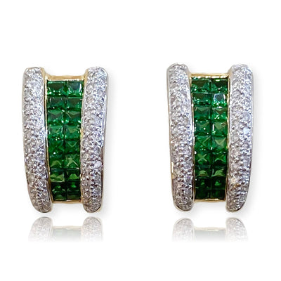 Mark Areias Jewelers Jewellery & Watches Square Tsavorite and Pave Diamond "J" Omega Earrings 18K Yellow Gold