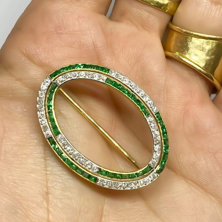 Mark Areias Jewelers Jewellery & Watches Vintage Diamond and Emerald Oval Brooch 18KY & Platinum