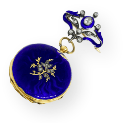 Mark Areias Jewelers Jewellery & Watches Vintage Edwardian Bornand Blue Enamel Rose Cut Diamond Watch Brooch 18KY