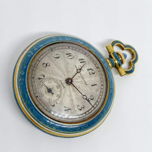 Mark Areias Jewelers Jewellery & Watches Vintage Edwardian Longines Swiss Blue Enamel Diamond Watch Pendant 18KY Gold