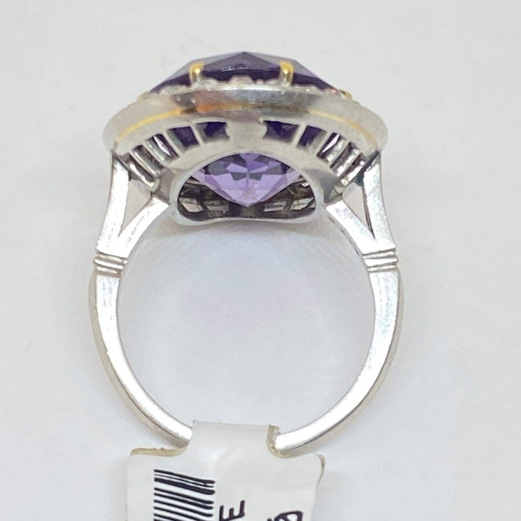 Mark Areias Jewelers Vintage Natural Oval Amethyst & Old Euro Diamond Halo Ring Platinum 12 Carat