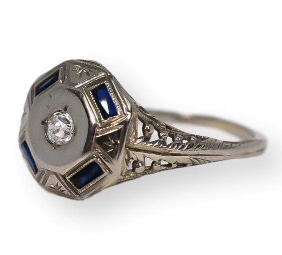 Mark Areias Jewelers Jewellery & Watches Vintage Octagon Sapphire and Diamond Ring 18K White Gold