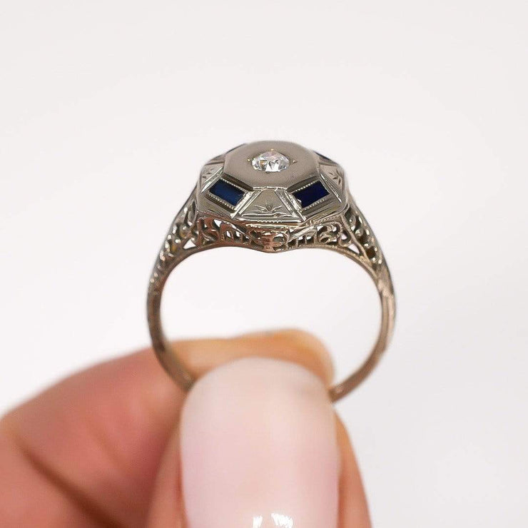 Mark Areias Jewelers Jewellery & Watches Vintage Octagon Sapphire and Diamond Ring 18K White Gold