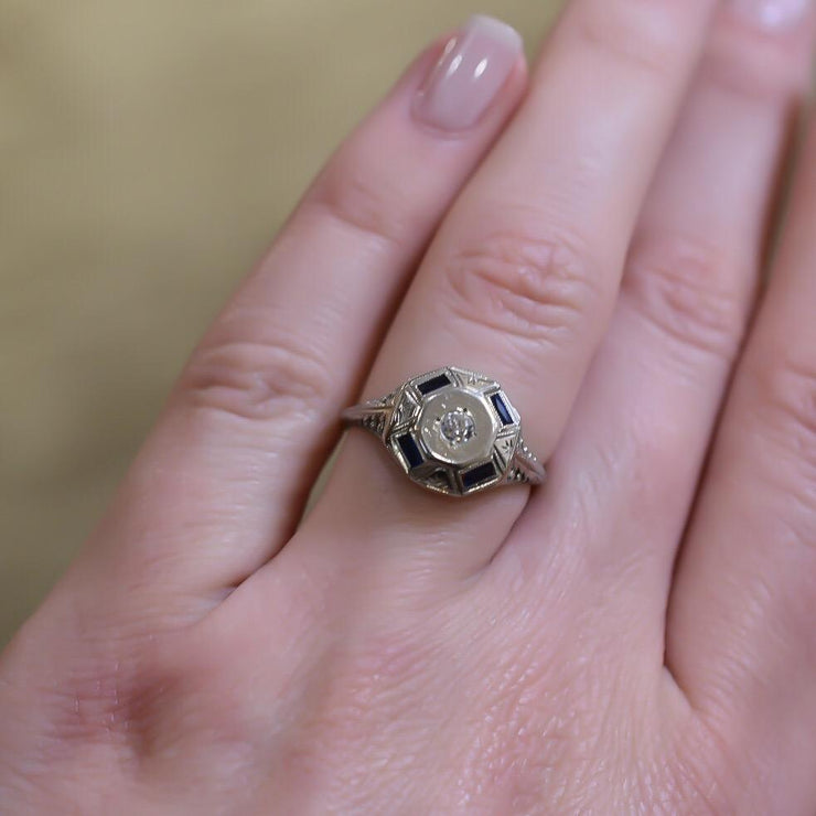 Mark Areias Jewelers Jewellery & Watches Vintage Octagon Sapphire and Diamond Ring 18K White Gold
