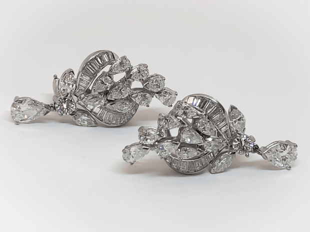 Mark Areias Jewelers Jewellery & Watches Vintage Platinum Pear and Baguette Diamond Drop Earrings 7.50 Carat