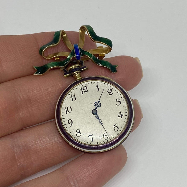 Mark Areias Jewelers Jewellery & Watches Vintage Waltham Purple & Green Enamel Bow Watch Brooch 14KY 29mm