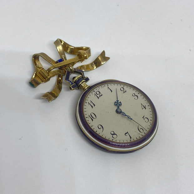 Mark Areias Jewelers Jewellery & Watches Vintage Waltham Purple & Green Enamel Bow Watch Brooch 14KY 29mm