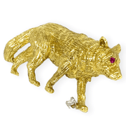 Mark Areias Jewelers Jewellery & Watches Wolf Brooch Pin with Diamond & Ruby 18K Yellow Gold .05ct 12.22 grams