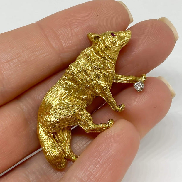 Mark Areias Jewelers Jewellery & Watches Wolf Brooch Pin with Diamond & Ruby 18K Yellow Gold .05ct 12.22 grams