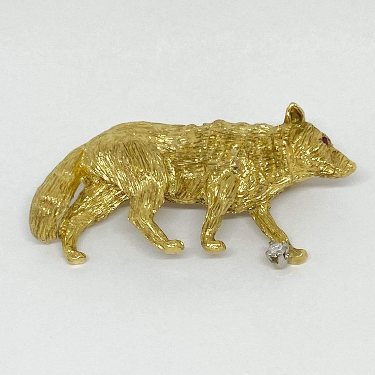 Mark Areias Jewelers Jewellery & Watches Wolf Brooch Pin with Diamond & Ruby 18K Yellow Gold .05ct 12.22 grams
