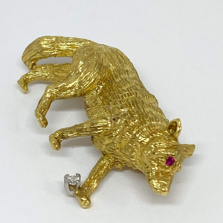 Mark Areias Jewelers Jewellery & Watches Wolf Brooch Pin with Diamond & Ruby 18K Yellow Gold .05ct 12.22 grams