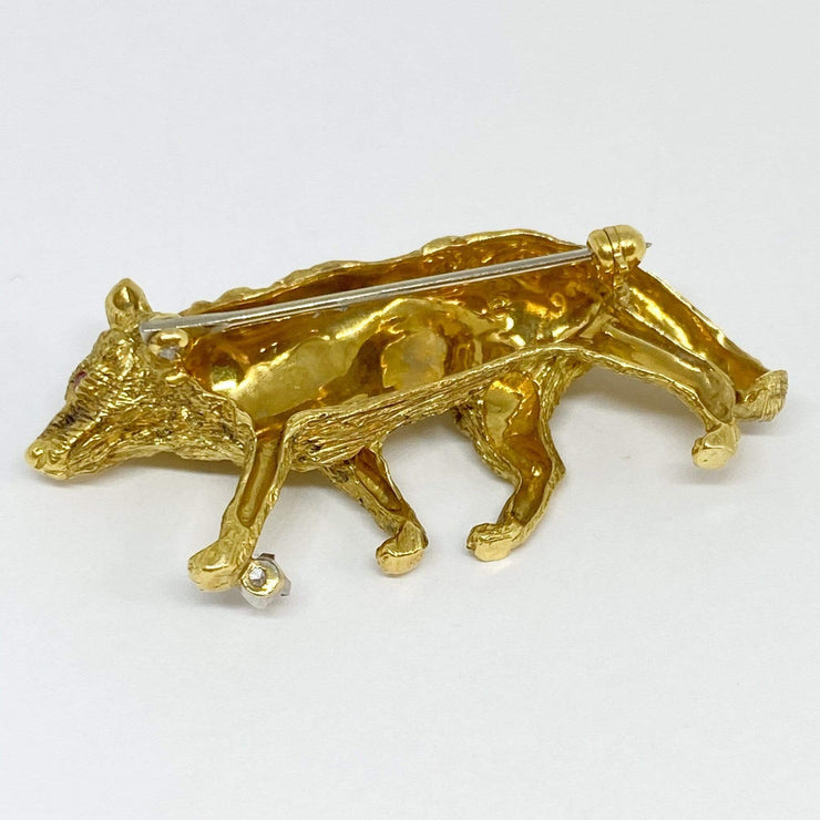 Mark Areias Jewelers Jewellery & Watches Wolf Brooch Pin with Diamond & Ruby 18K Yellow Gold .05ct 12.22 grams