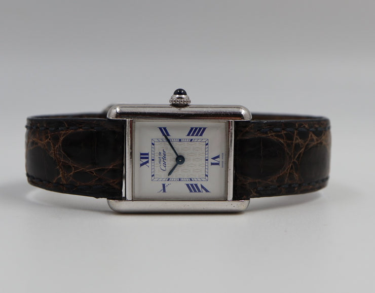 Pre-Owned Cartier Must Tank Largein Sterling Silver Blue Roman Numerals 22x29mm Pre-Owned