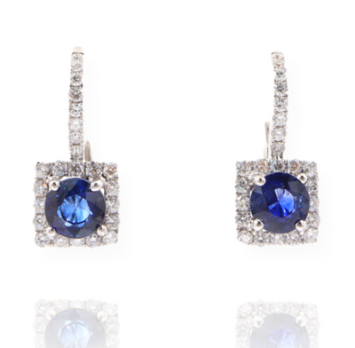 Diamond Huggies And Square Halo With Blue Sapphire Center Stone 2.27CTS 14KW